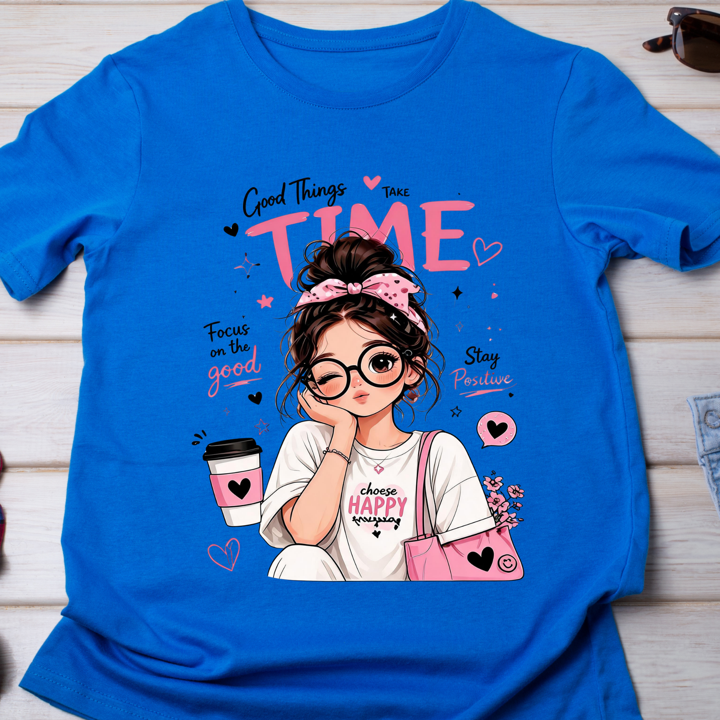 Good Things Take Time PNG, Messy Bun Girl Sublimation Design, Choose Happy Shirt Graphic, Trendy Glasses Girl Clipart, Focus On The Good DTF Print, Mental Health Self Care Laptop Sticker, Digital Download