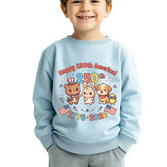 Happy 250th America PNG, 4th of July Sublimation Design, Cute Patriotic Animals Clipart, US Semiquincentennial Kids Shirt Design, 1776-2026 USA Independence Day, Kawaii Bear Dog Bunny Firework DTF Graphic, Digital Download
