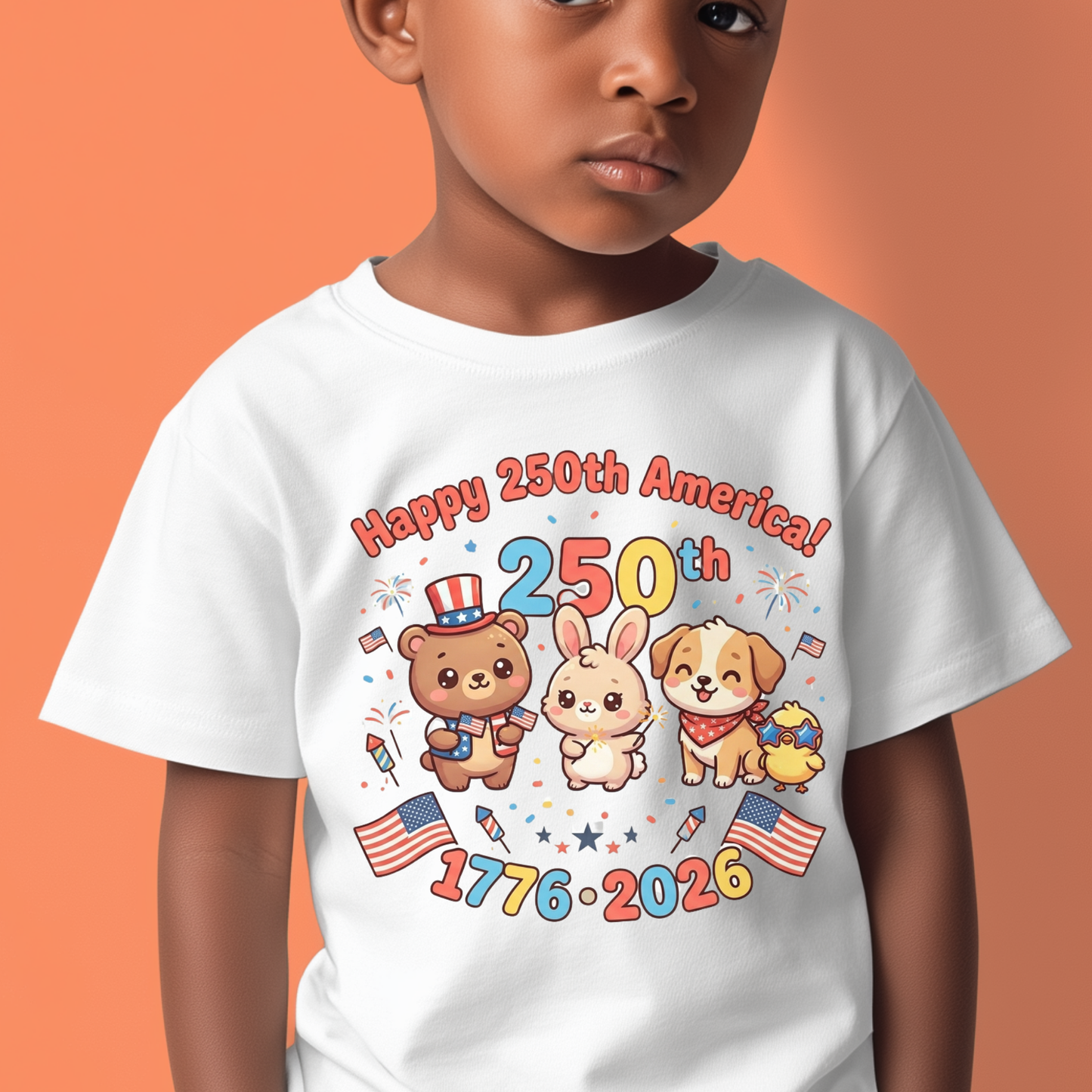 Happy 250th America PNG, 4th of July Sublimation Design, Cute Patriotic Animals Clipart, US Semiquincentennial Kids Shirt Design, 1776-2026 USA Independence Day, Kawaii Bear Dog Bunny Firework DTF Graphic, Digital Download