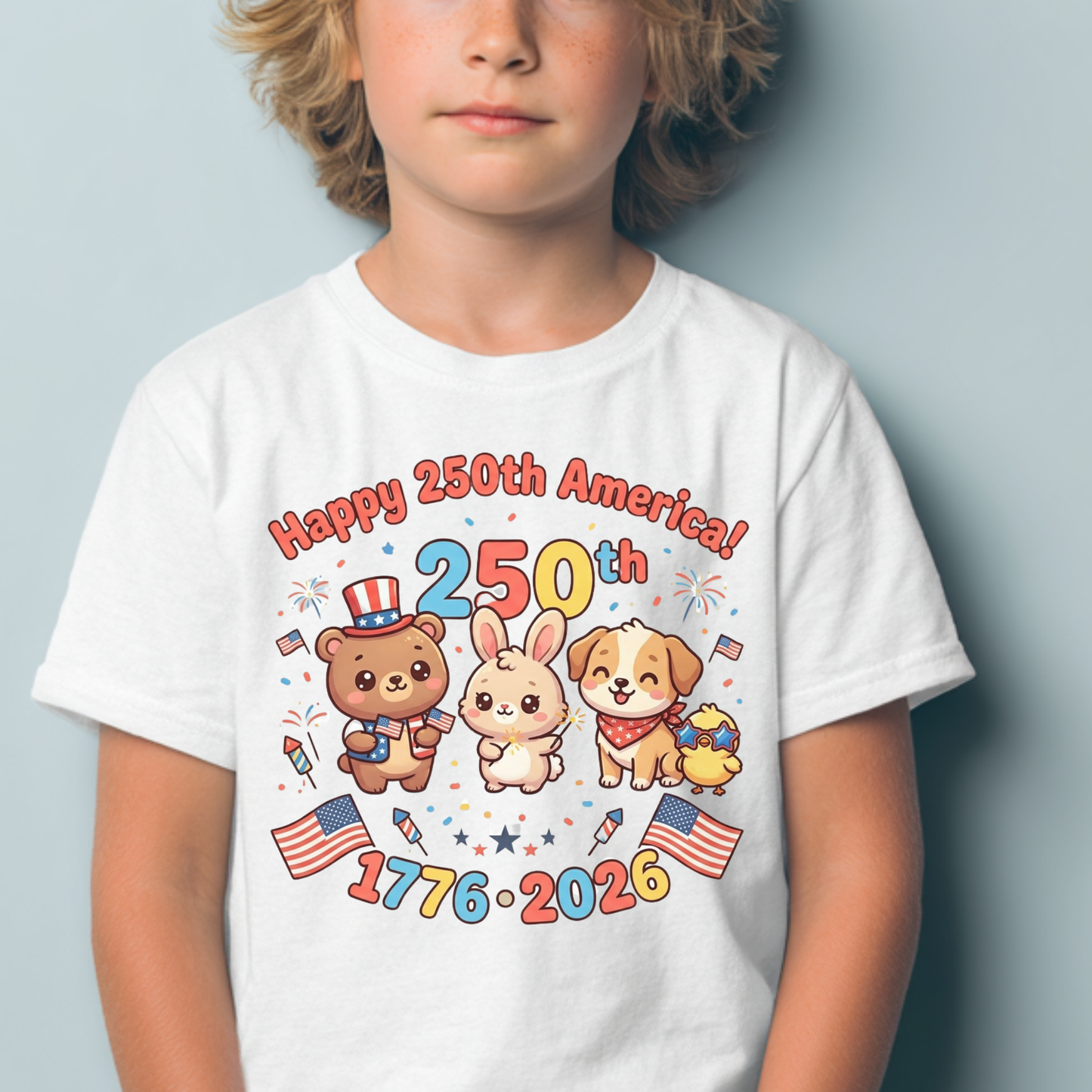 Happy 250th America PNG, 4th of July Sublimation Design, Cute Patriotic Animals Clipart, US Semiquincentennial Kids Shirt Design, 1776-2026 USA Independence Day, Kawaii Bear Dog Bunny Firework DTF Graphic, Digital Download