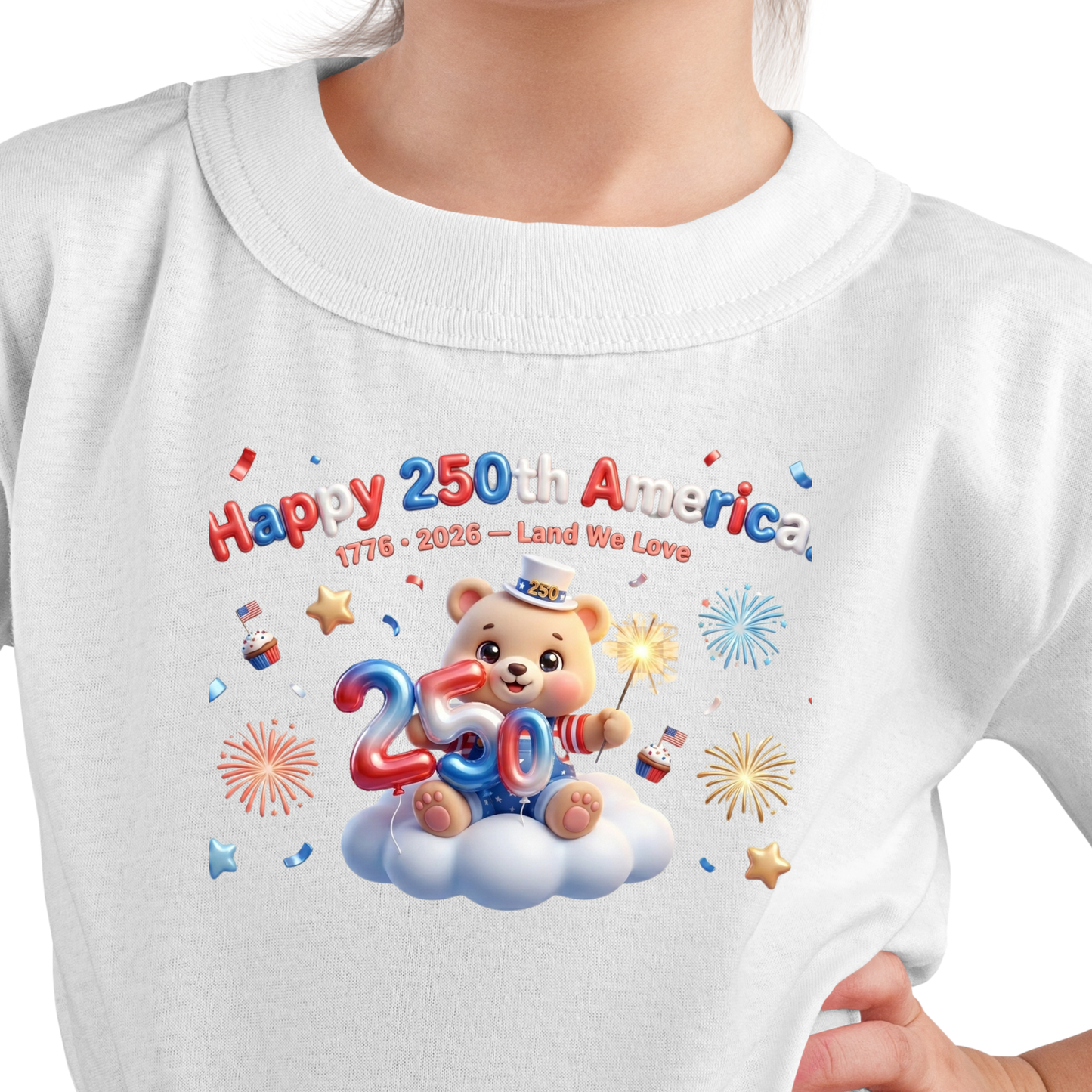 Happy 250th America PNG, 3D Patriotic Teddy Bear Sublimation, US Semiquincentennial Shirt Design, 1776-2026 Land We Love DTF Graphic, 4th of July Kids Clipart, USA 250 Balloon Cloud Sparkler, Digital Download
