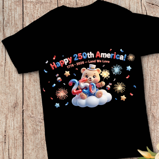 Happy 250th America PNG, 3D Patriotic Teddy Bear Sublimation, US Semiquincentennial Shirt Design, 1776-2026 Land We Love DTF Graphic, 4th of July Kids Clipart, USA 250 Balloon Cloud Sparkler, Digital Download