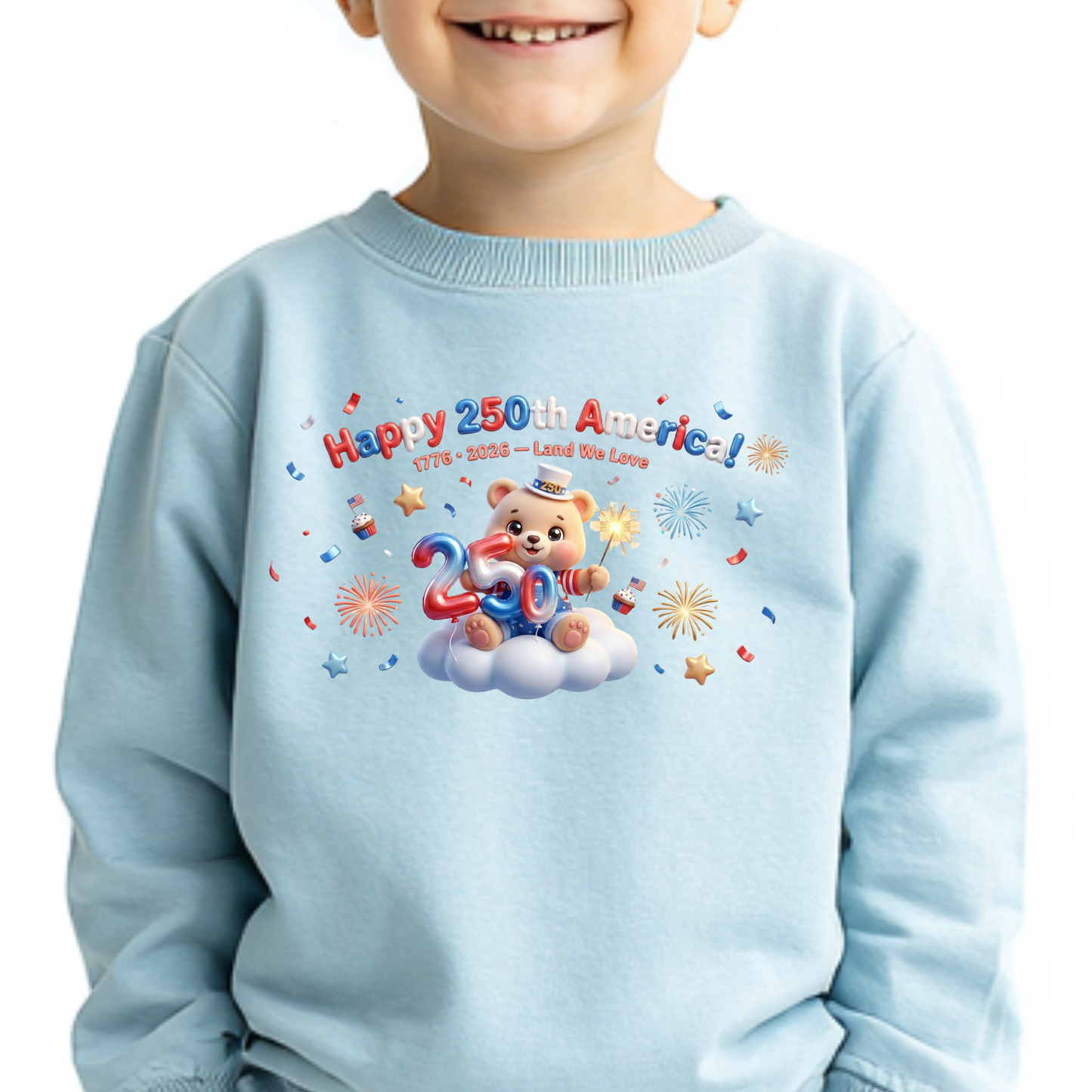 Happy 250th America PNG, 3D Patriotic Teddy Bear Sublimation, US Semiquincentennial Shirt Design, 1776-2026 Land We Love DTF Graphic, 4th of July Kids Clipart, USA 250 Balloon Cloud Sparkler, Digital Download