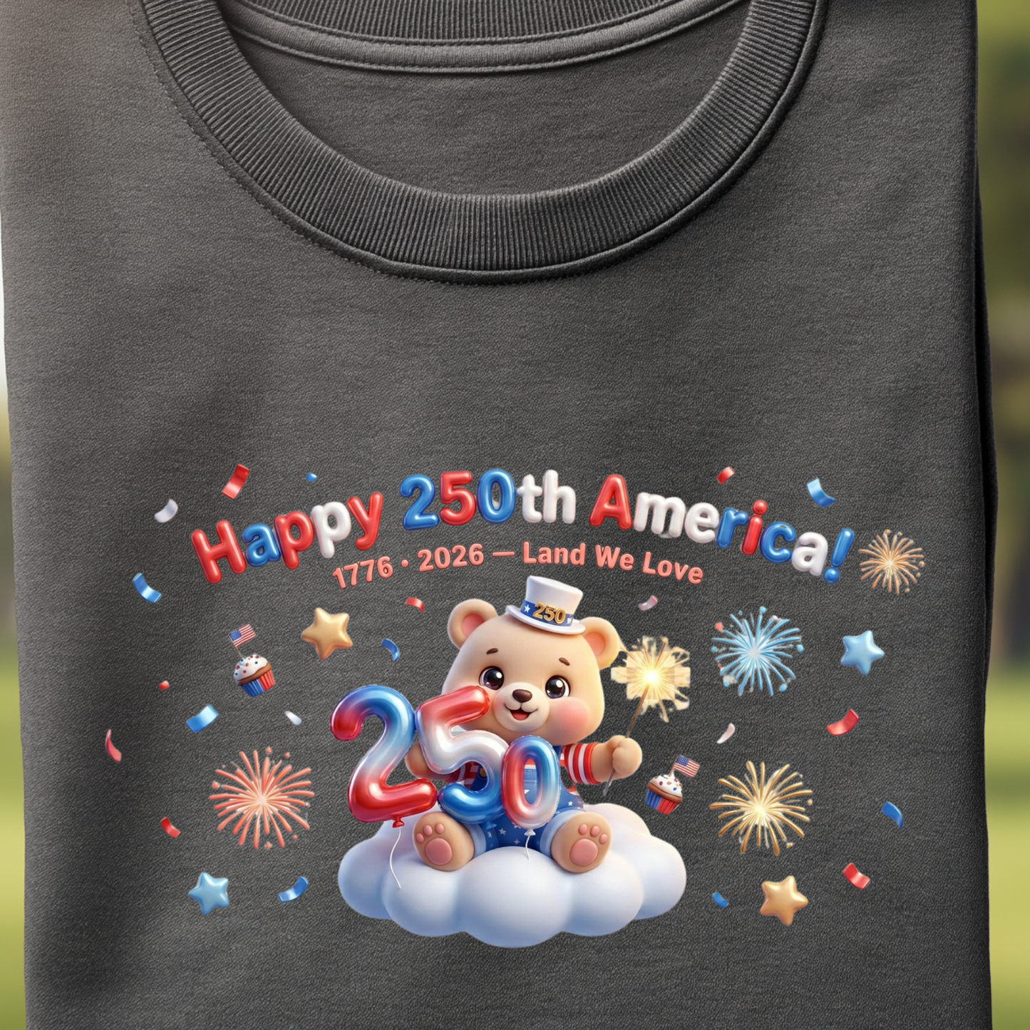 Happy 250th America PNG, 3D Patriotic Teddy Bear Sublimation, US Semiquincentennial Shirt Design, 1776-2026 Land We Love DTF Graphic, 4th of July Kids Clipart, USA 250 Balloon Cloud Sparkler, Digital Download