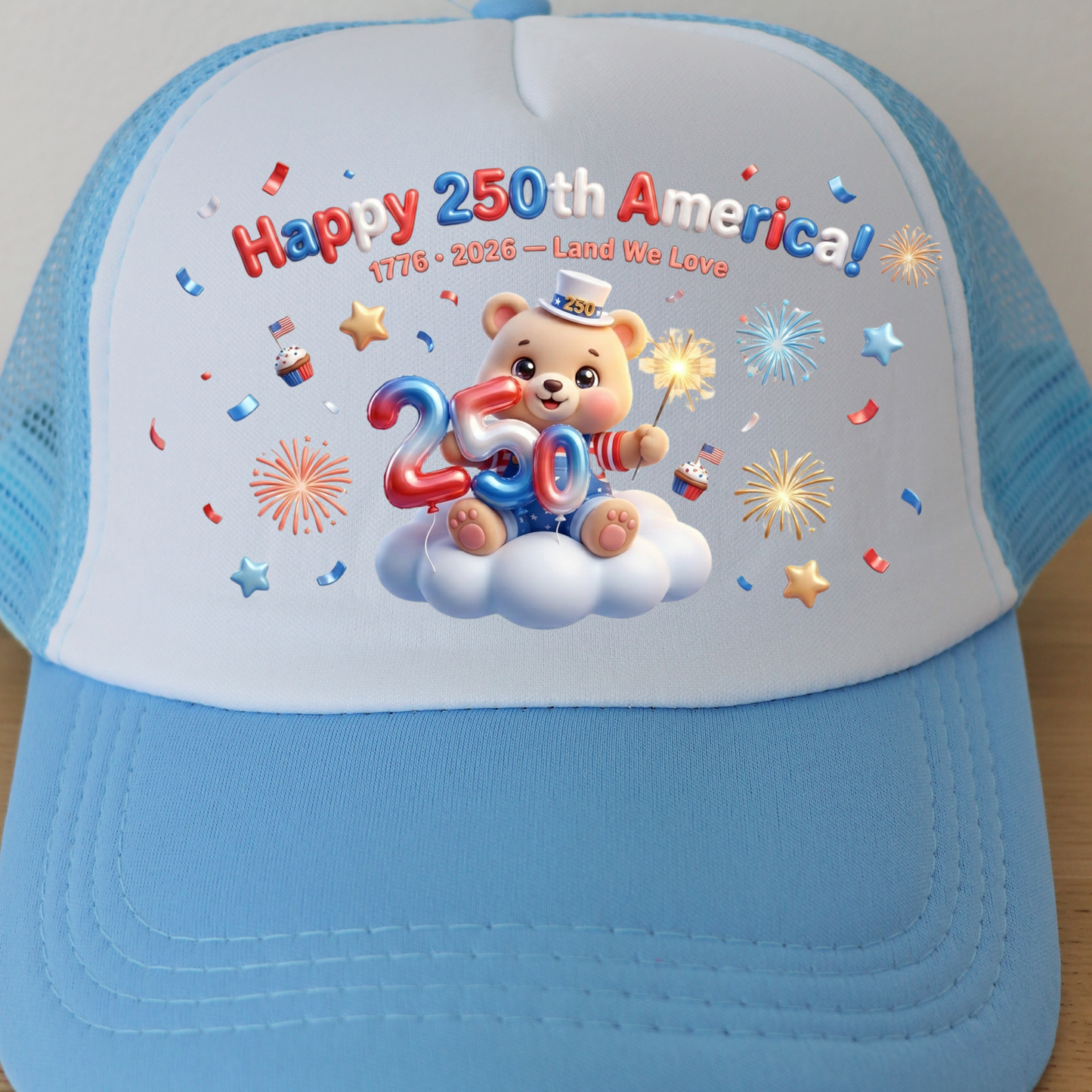 Happy 250th America PNG, 3D Patriotic Teddy Bear Sublimation, US Semiquincentennial Shirt Design, 1776-2026 Land We Love DTF Graphic, 4th of July Kids Clipart, USA 250 Balloon Cloud Sparkler, Digital Download