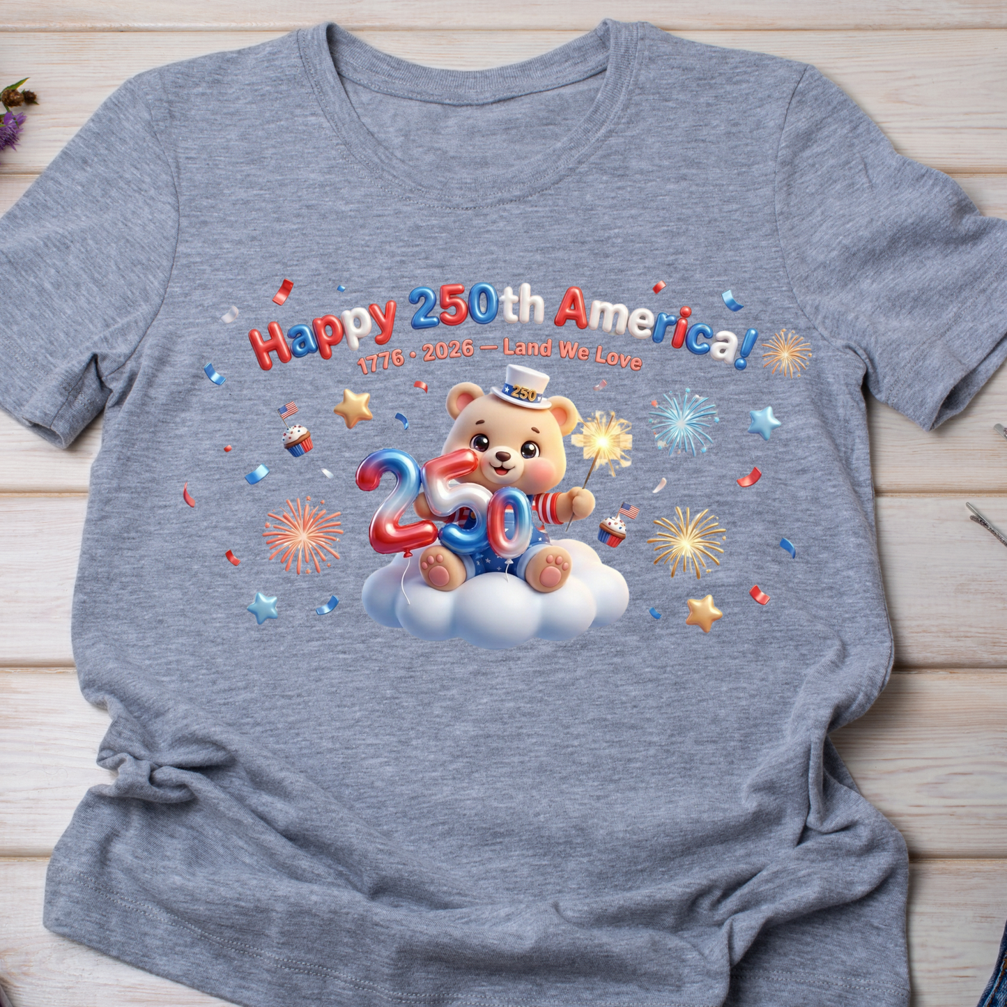 Happy 250th America PNG, 3D Patriotic Teddy Bear Sublimation, US Semiquincentennial Shirt Design, 1776-2026 Land We Love DTF Graphic, 4th of July Kids Clipart, USA 250 Balloon Cloud Sparkler, Digital Download