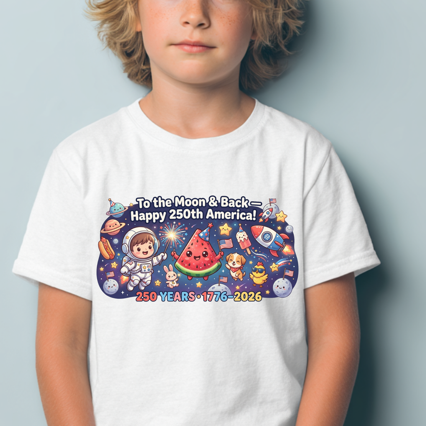 To The Moon And Back PNG, Happy 250th America Sublimation, Cute Astronaut Watermelon Shirt Design, US Semiquincentennial DTF Graphic, 1776-2026 Patriotic Space Clipart, 4th of July Kids Kids Tee Digital Download
