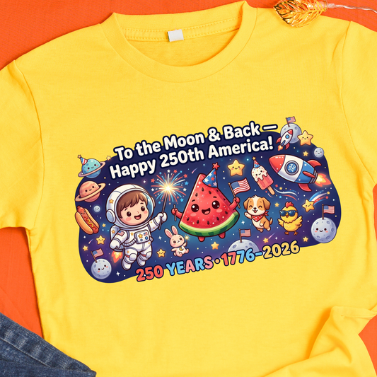 To The Moon And Back PNG, Happy 250th America Sublimation, Cute Astronaut Watermelon Shirt Design, US Semiquincentennial DTF Graphic, 1776-2026 Patriotic Space Clipart, 4th of July Kids Kids Tee Digital Download