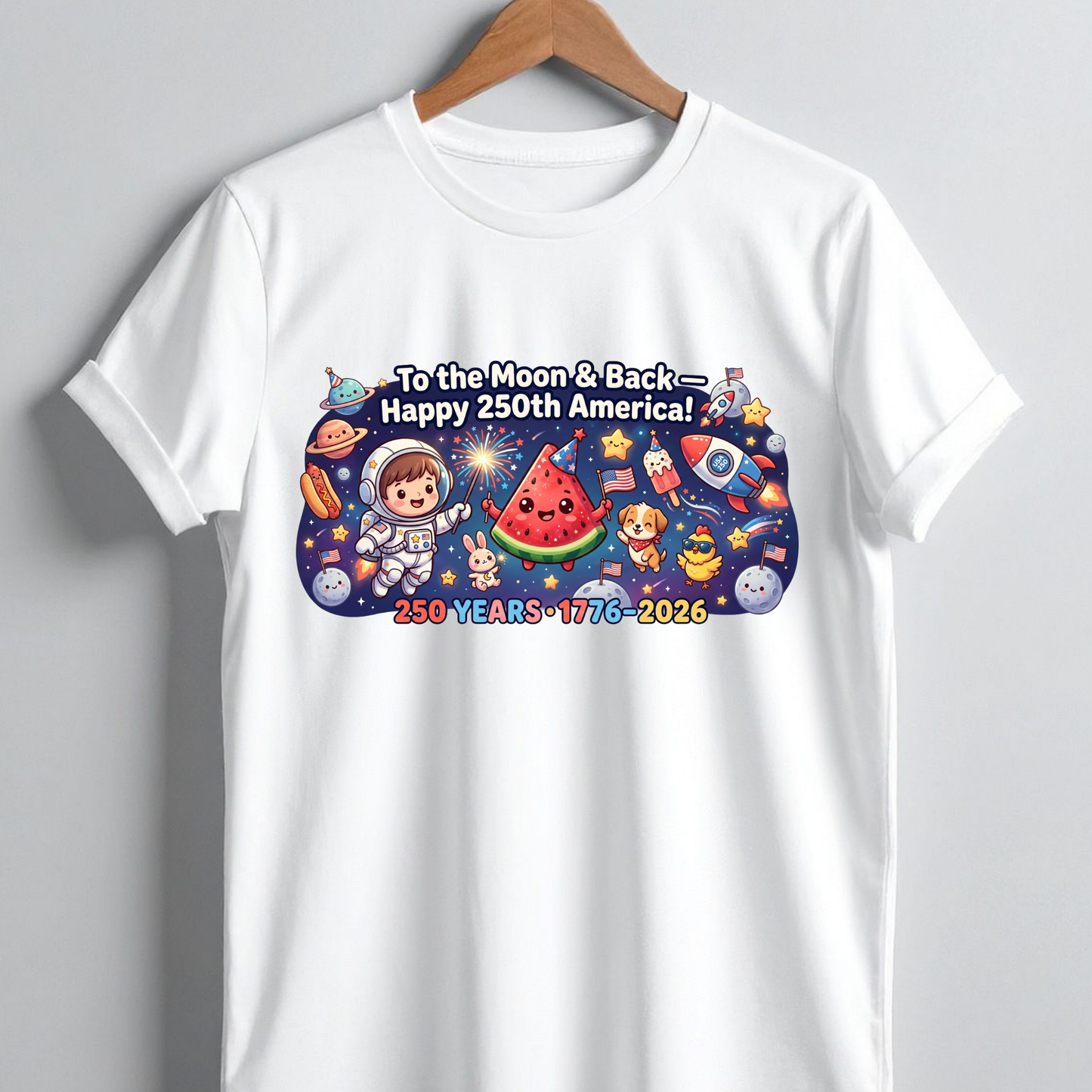 To The Moon And Back PNG, Happy 250th America Sublimation, Cute Astronaut Watermelon Shirt Design, US Semiquincentennial DTF Graphic, 1776-2026 Patriotic Space Clipart, 4th of July Kids Kids Tee Digital Download