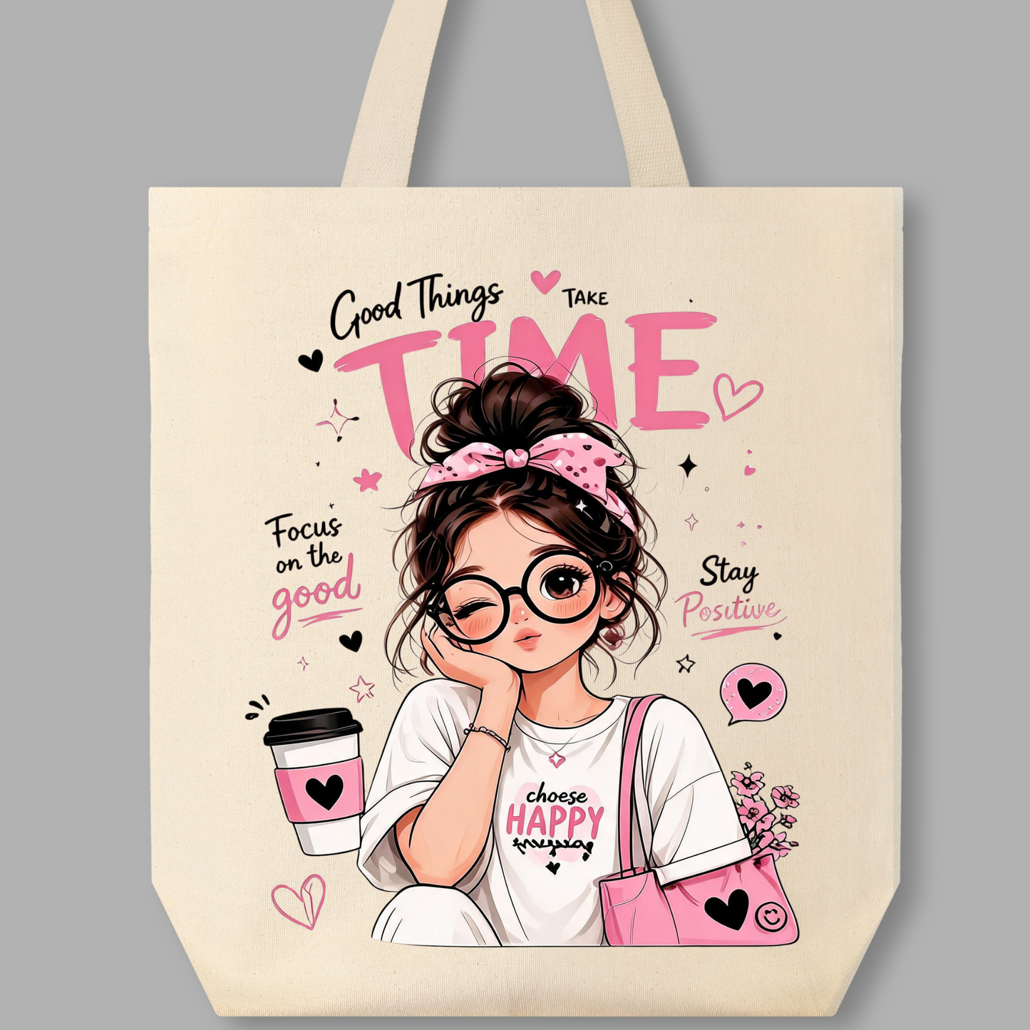 Good Things Take Time PNG, Messy Bun Girl Sublimation Design, Choose Happy Shirt Graphic, Trendy Glasses Girl Clipart, Focus On The Good DTF Print, Mental Health Self Care Laptop Sticker, Digital Download
