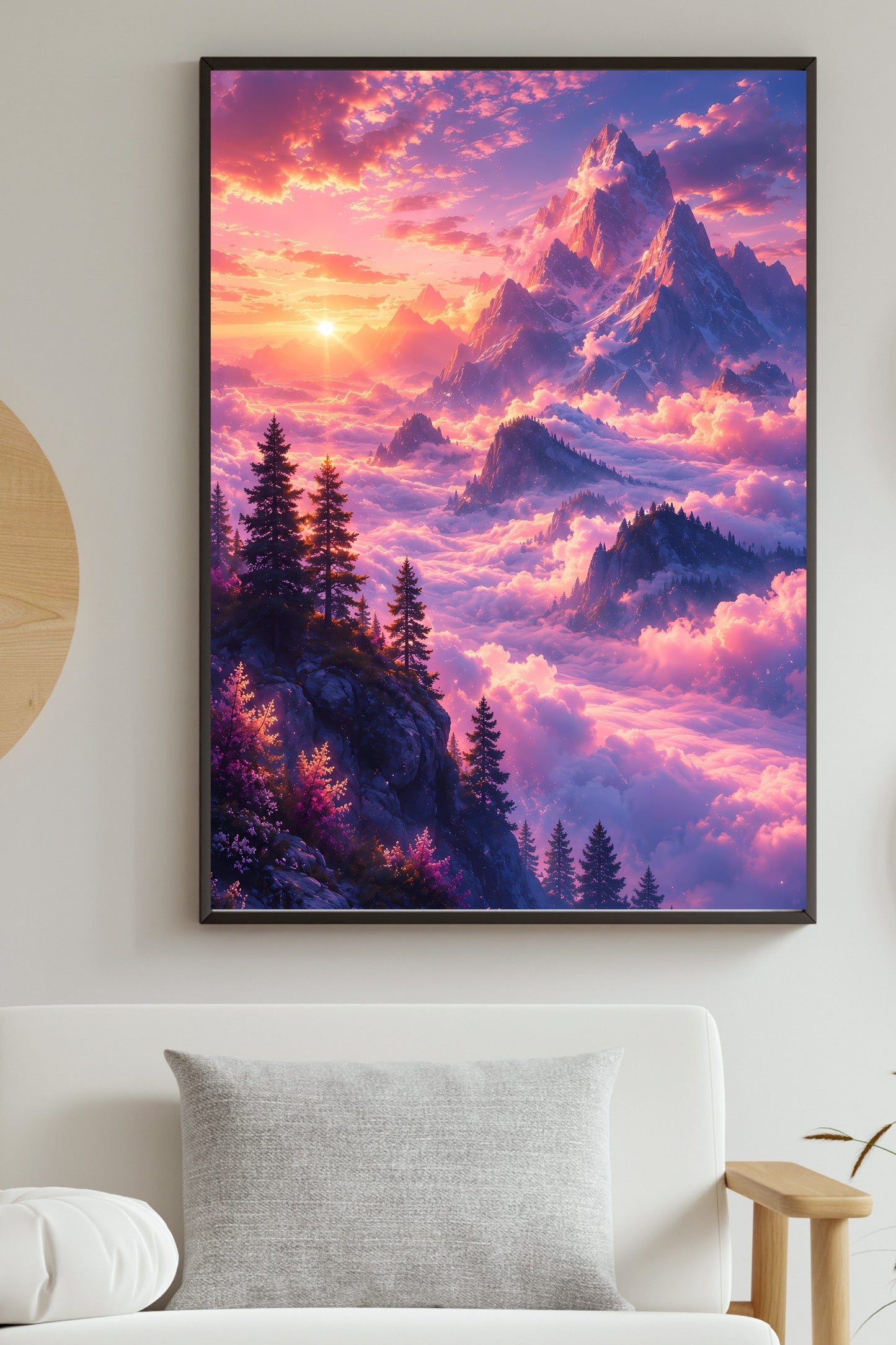 Dreamy Purple Mountain Sunset Wall Art | Ethereal Sea of Clouds Printable Fantasy Landscape Poster