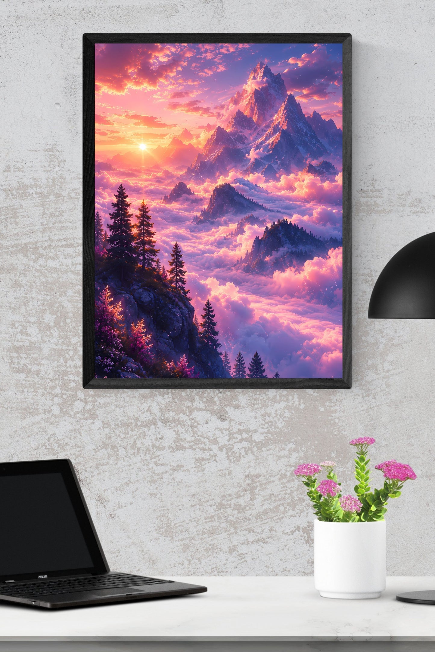 Dreamy Purple Mountain Sunset Wall Art | Ethereal Sea of Clouds Printable Fantasy Landscape Poster