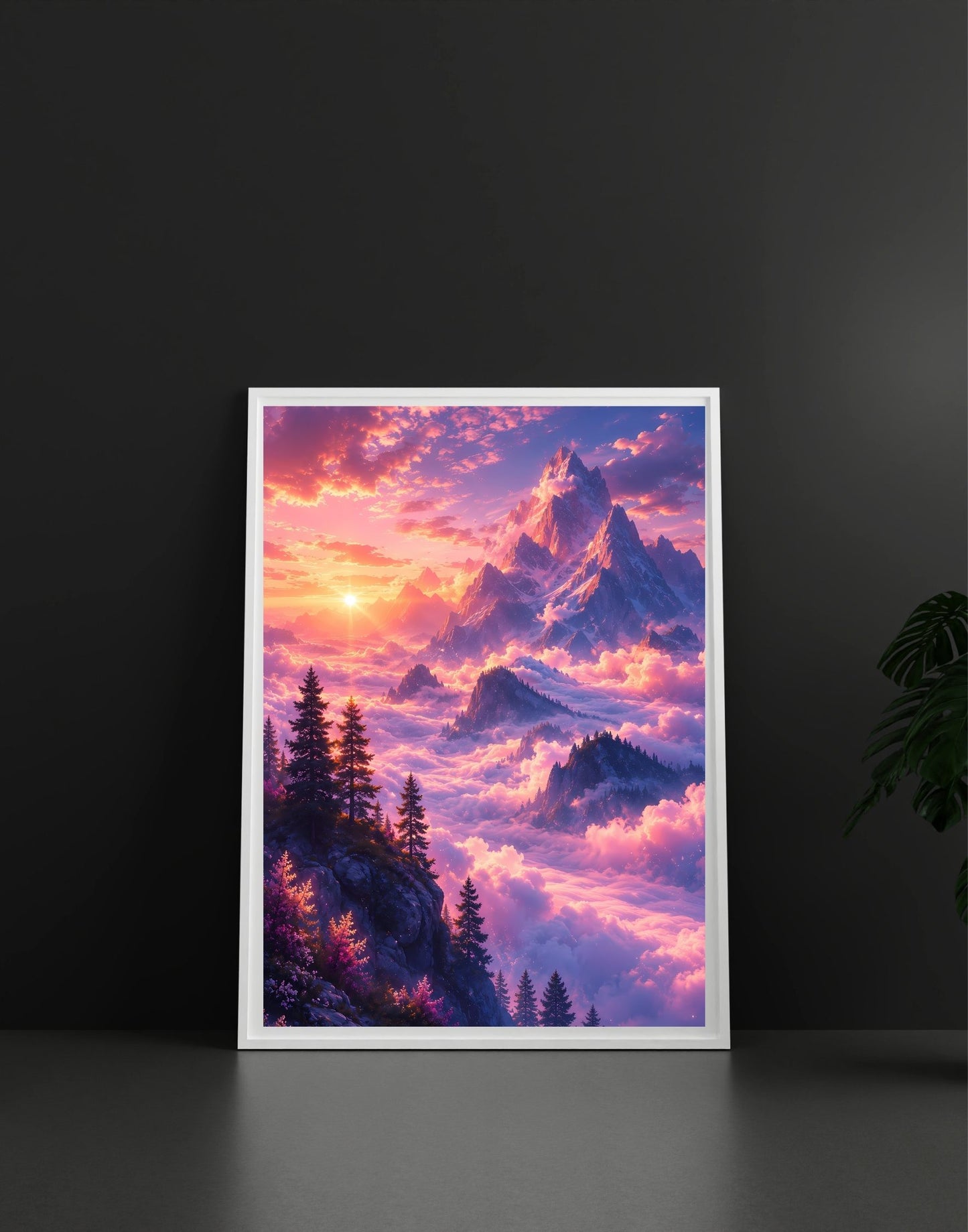 Dreamy Purple Mountain Sunset Wall Art | Ethereal Sea of Clouds Printable Fantasy Landscape Poster