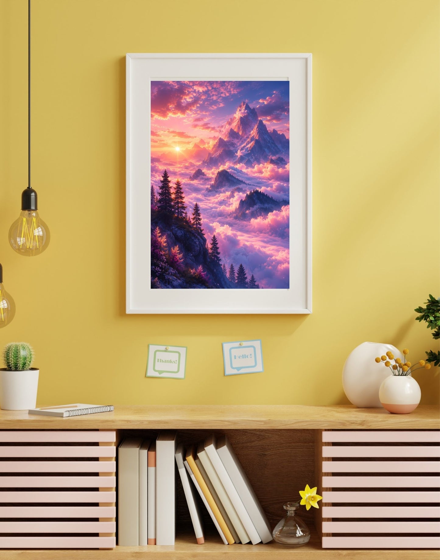 Dreamy Purple Mountain Sunset Wall Art | Ethereal Sea of Clouds Printable Fantasy Landscape Poster