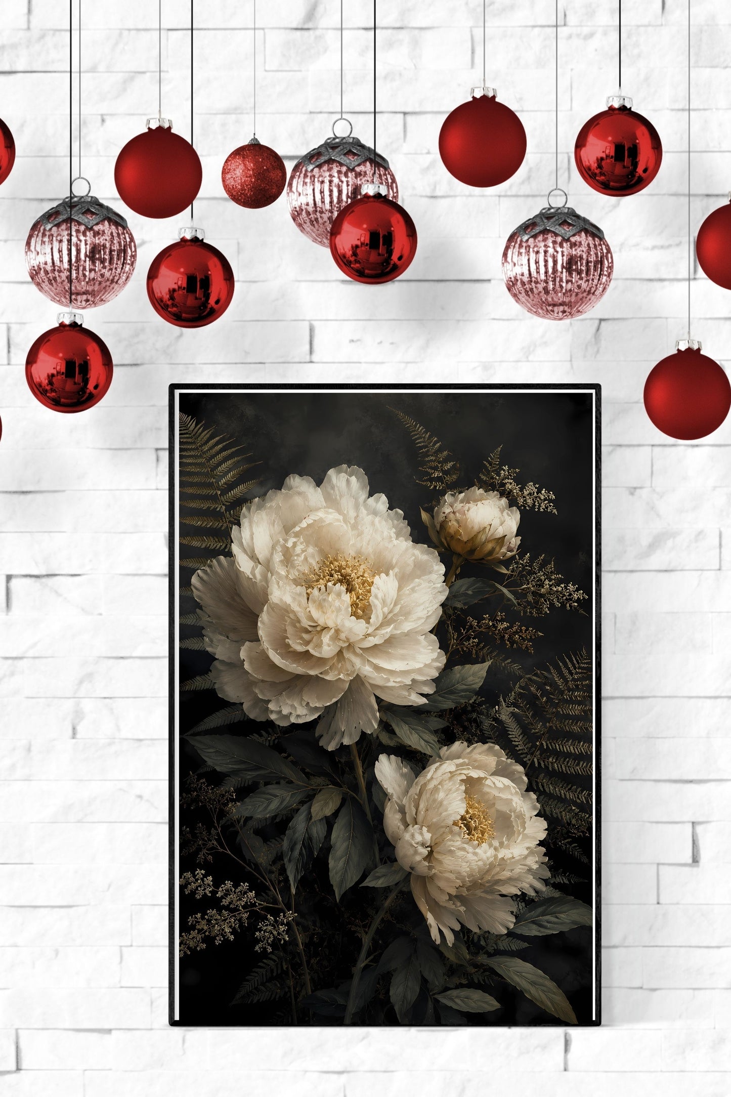 Moody Dark Botanical Floral Wall Art Print | Cream White Peony Vintage Style Poster Art Printable