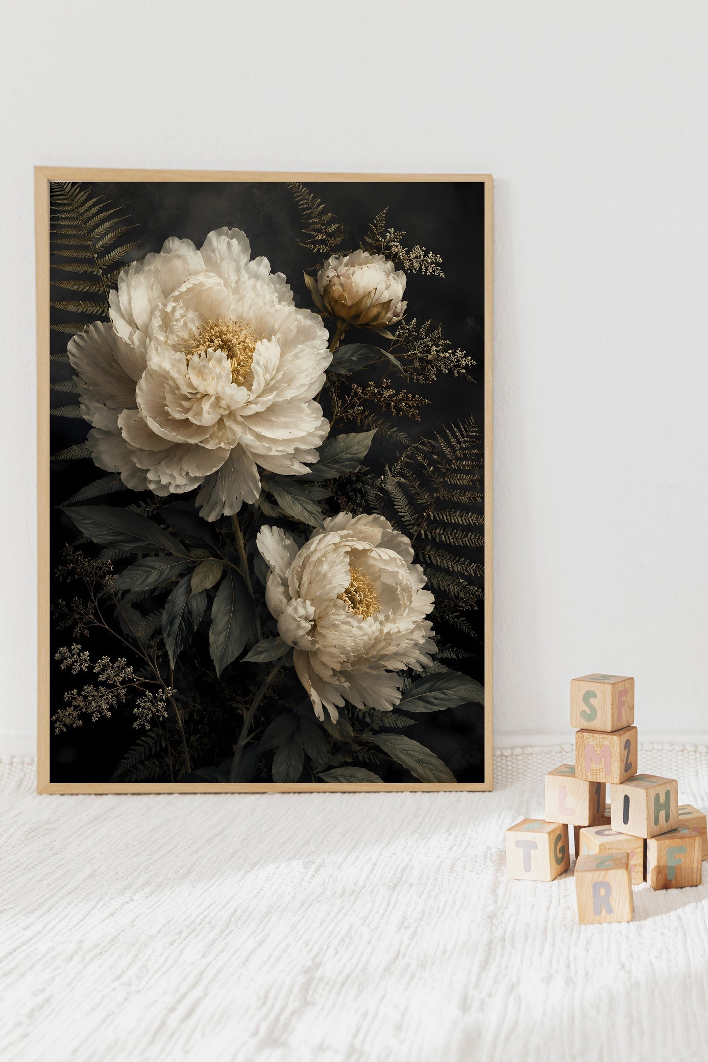 Moody Dark Botanical Floral Wall Art Print | Cream White Peony Vintage Style Poster Art Printable