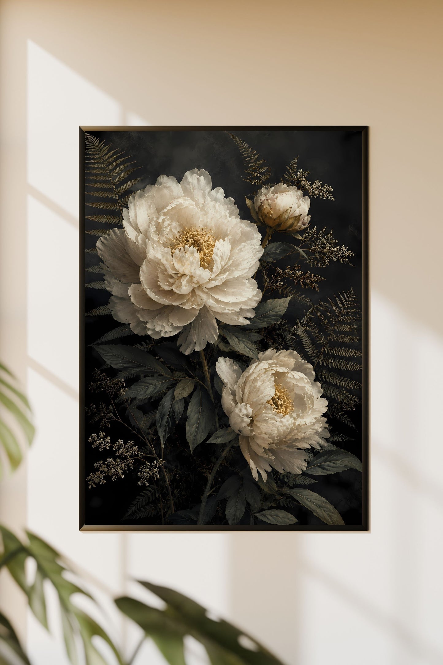 Moody Dark Botanical Floral Wall Art Print | Cream White Peony Vintage Style Poster Art Printable