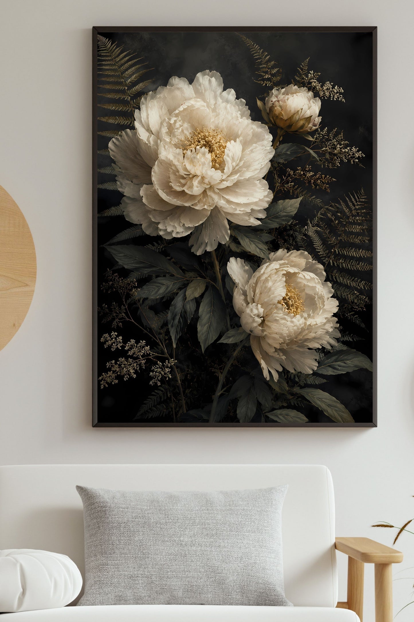 Moody Dark Botanical Floral Wall Art Print | Cream White Peony Vintage Style Poster Art Printable
