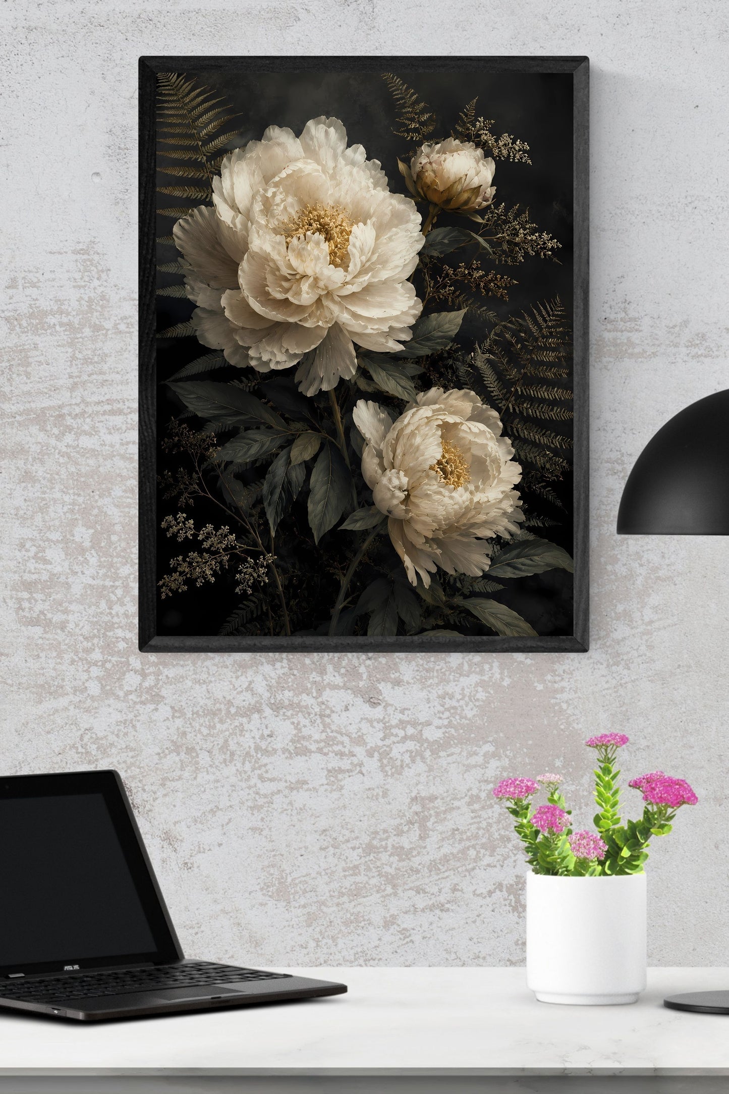 Moody Dark Botanical Floral Wall Art Print | Cream White Peony Vintage Style Poster Art Printable