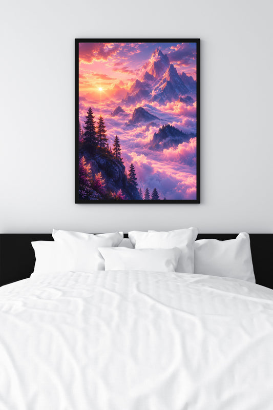 Dreamy Purple Mountain Sunset Wall Art | Ethereal Sea of Clouds Printable Fantasy Landscape Poster