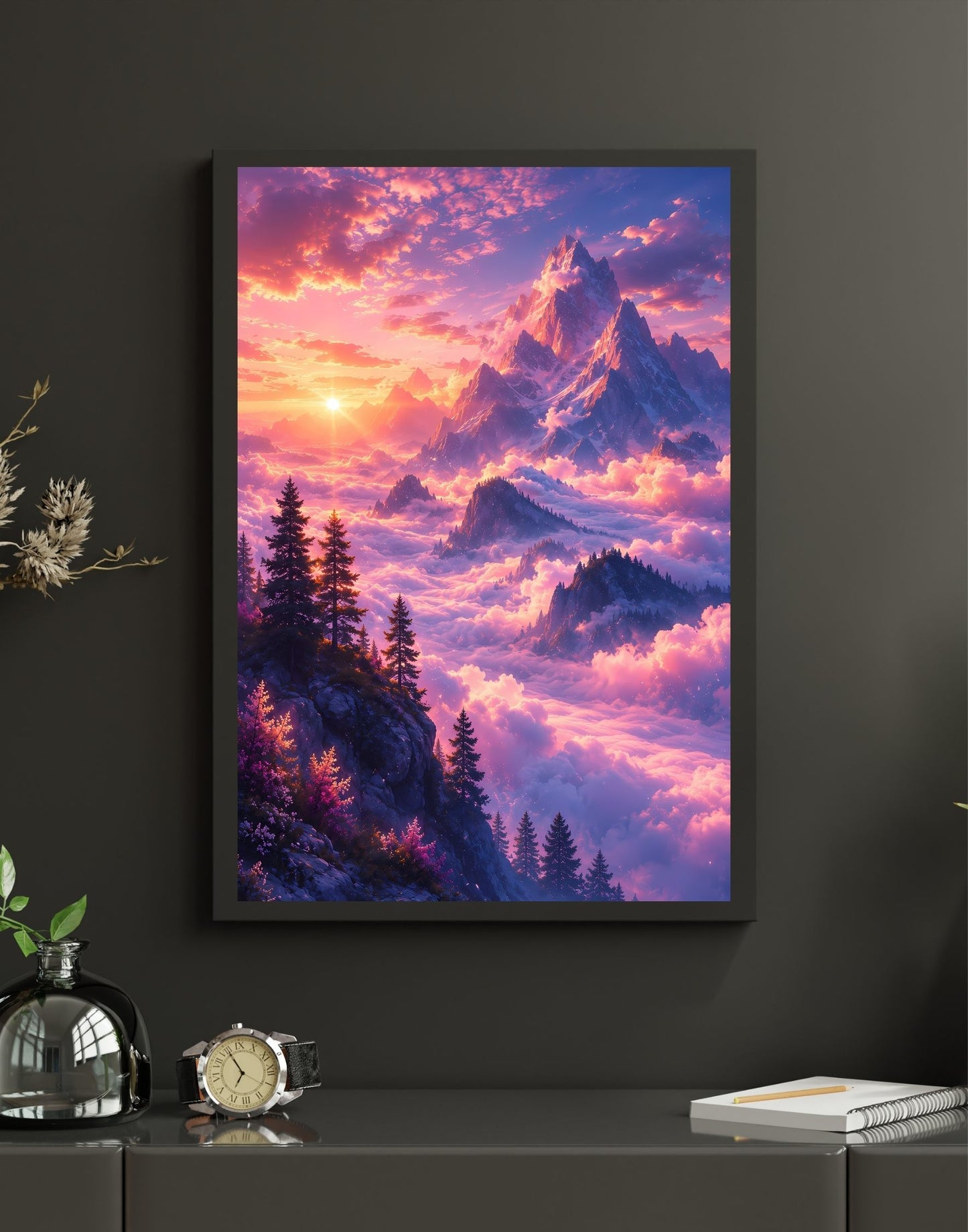 Dreamy Purple Mountain Sunset Wall Art | Ethereal Sea of Clouds Printable Fantasy Landscape Poster