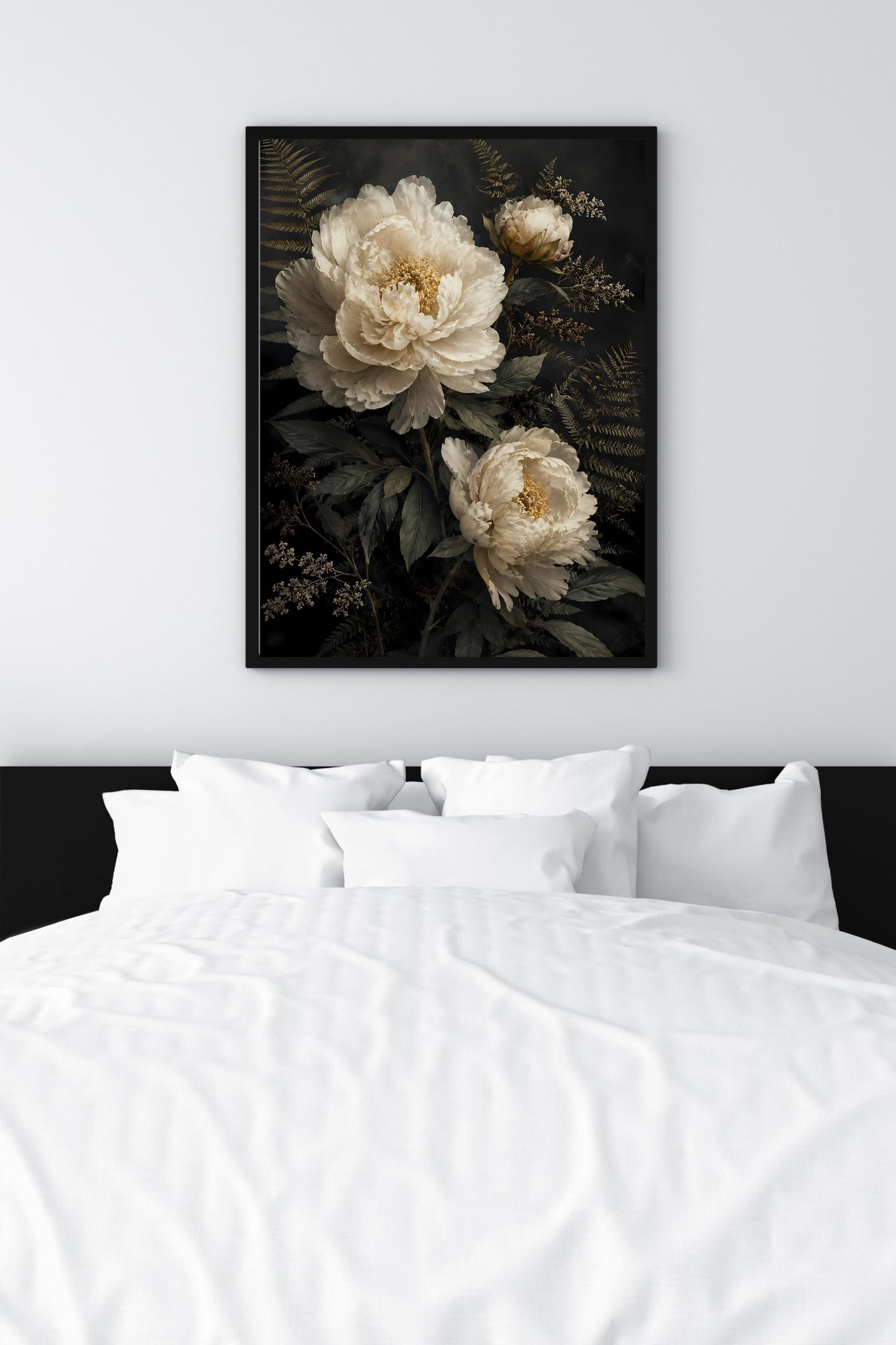 Moody Dark Botanical Floral Wall Art Print | Cream White Peony Vintage Style Poster Art Printable